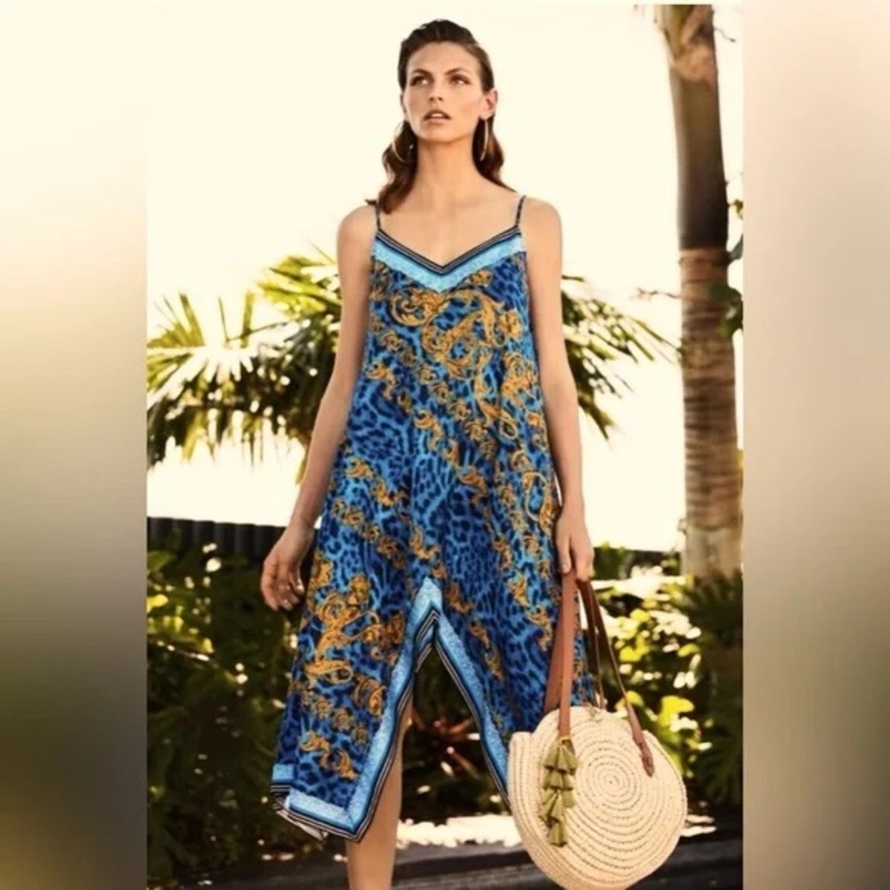 INC International Concepts Blue Leopard Scarf Print Hankerchief Slip Dress US S